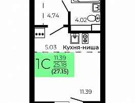 1-комнатная квартира, 27.15 м2
