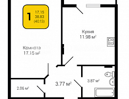 1-комнатная квартира, 40.13 м2