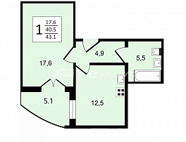 1-комнатная квартира, 43.1 м2