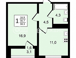 1-комнатная квартира, 38.3 м2