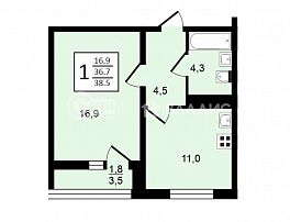 1-комнатная квартира, 38.5 м2