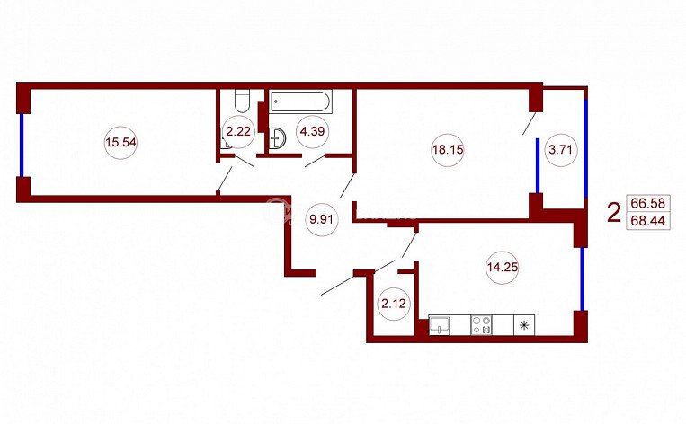2-комнатная квартира, 68.44 м2, эт. 2, id: 728354, фото 18