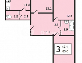 3-комнатная квартира, 83 м2