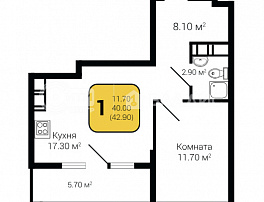 1-комнатная квартира, 42.9 м2