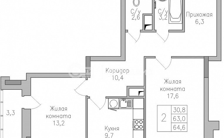 2-комнатная квартира, 64.6 м2, эт. 11, id: 1123816, фото 3