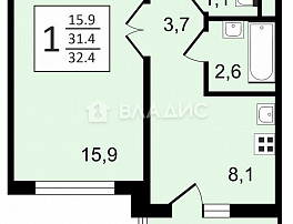 1-Комнатная квартира 32.40м²