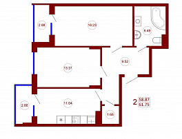 2-комнатная квартира, 61.75 м2