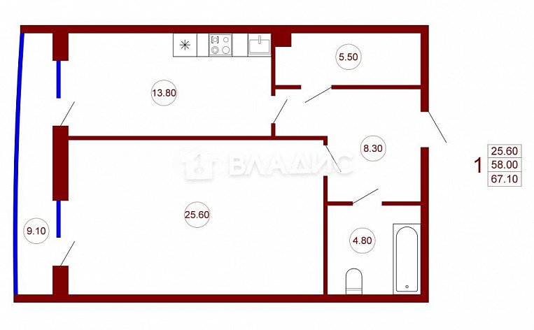 1-комнатная квартира, 67.1 м2, эт. 5, id: 1098800, фото 37