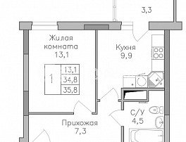 1-комнатная квартира, 35.9 м2
