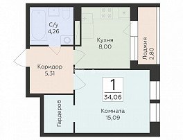1-комнатная квартира, 34.06 м2