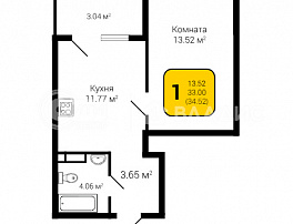 1-комнатная квартира, 34.52 м2