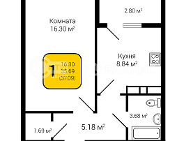 1-комнатная квартира, 37.09 м2