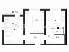 2-комнатная квартира, 51.9 м2