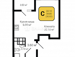 1-комнатная квартира, 36.6 м2