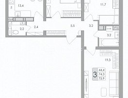 3-комнатная квартира, 75.9 м2