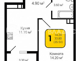 1-комнатная квартира, 35.5 м2