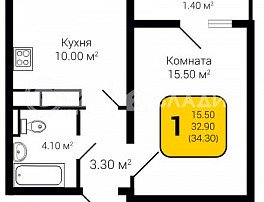 1-комнатная квартира, 34.3 м2
