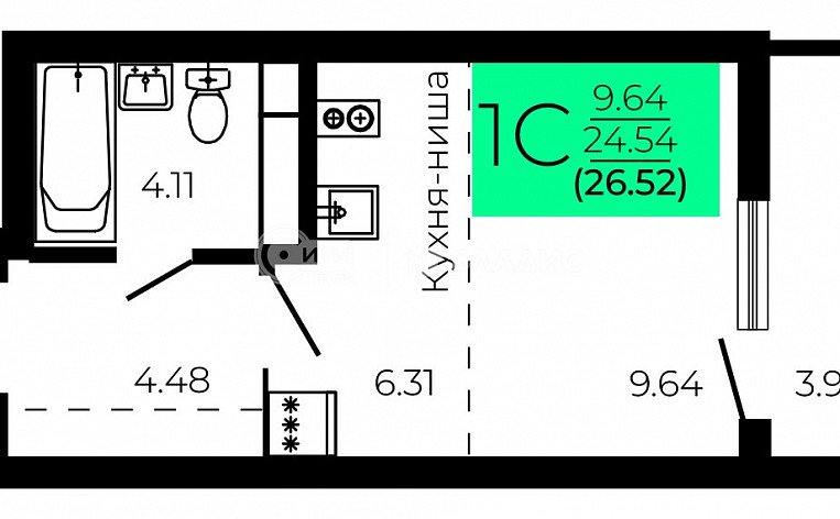 1-комнатная квартира, 26.52 м2, эт. 2, id: 1113036, фото 3
