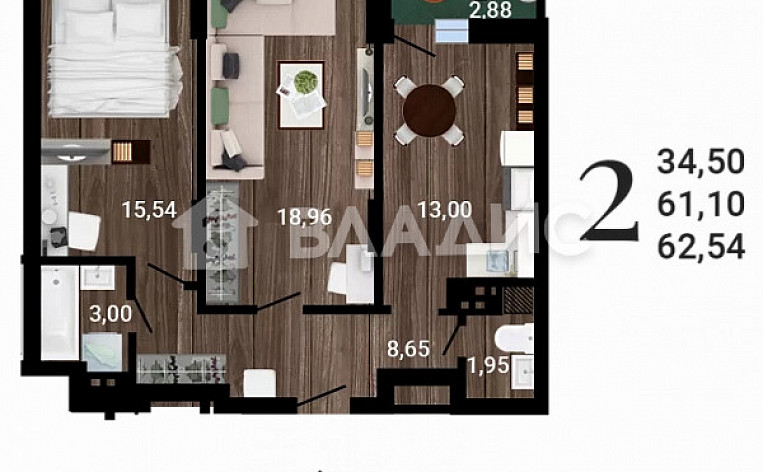 2-Комнатная квартира 63.00м², эт. 4, фото 9