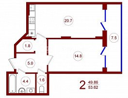 1-комнатная квартира, 53.62 м2