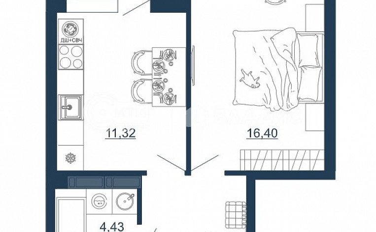 1-комнатная квартира, 40.47 м2, эт. 15, id: 1031037, фото 11