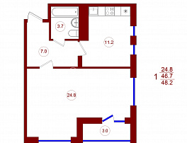 1-комнатная квартира, 48.2 м2