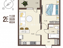1-комнатная квартира, 40.84 м2