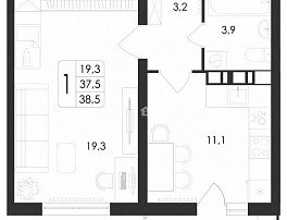1-комнатная квартира, 38.5 м2