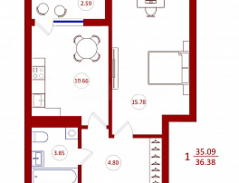 1-комнатная квартира, 36.38 м2