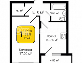 1-комнатная квартира, 40.51 м2