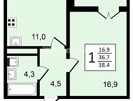 1-комнатная квартира, 38.4 м2
