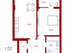 1-комнатная квартира, 51.37 м2