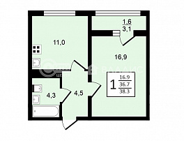 1-комнатная квартира, 38.3 м2