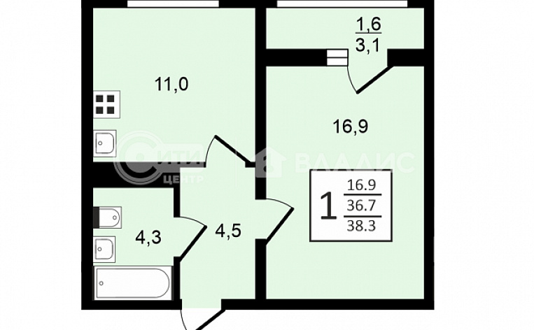 1-комнатная квартира, 38.3 м2, эт. 7, id: 948119, фото 9