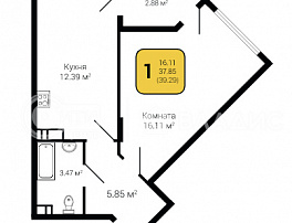 1-комнатная квартира, 39.29 м2