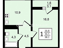 1-комнатная квартира, 38.3 м2