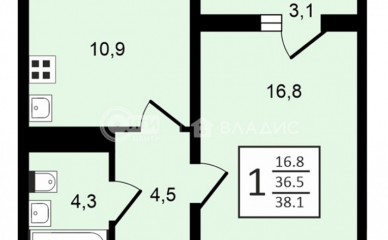 1-комнатная квартира, 38.3 м2, эт. 20, id: 948230, фото 8