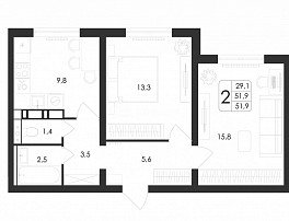 2-комнатная квартира, 51.9 м2