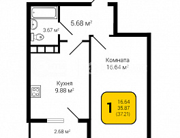 1-комнатная квартира, 37.21 м2