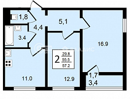 2-комнатная квартира, 57.2 м2