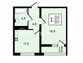 1-комнатная квартира, 38.5 м2
