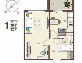 1-комнатная квартира, 32.71 м2