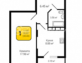 1-комнатная квартира, 38.46 м2