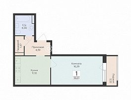 1-комнатная квартира, 39.01 м2