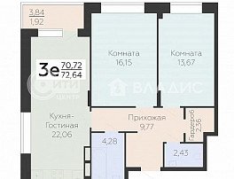3-комнатная квартира, 72.64 м2