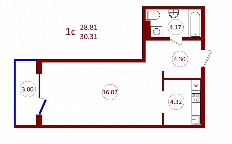 1-комнатная квартира, 30.31 м2, эт. 2, id: 753323, фото 7