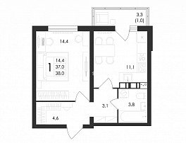 1-комнатная квартира, 38 м2