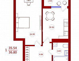 1-комнатная квартира, 36.8 м2