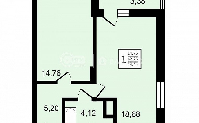 1-комнатная квартира, 44.45 м2, эт. 12, id: 758488, фото 14