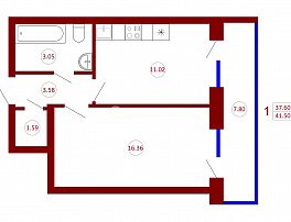 1-комнатная квартира, 41.5 м2